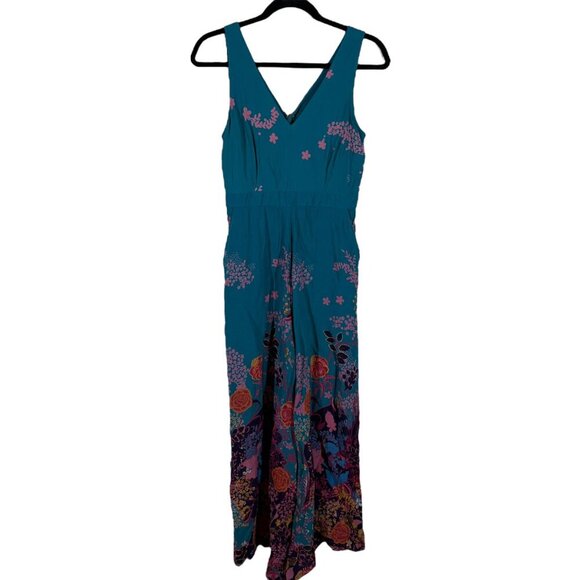 Maeve - Anthropologie Teal Floral Sleeveless Jumpsuit with Pockets US Size 2 - Picture 1 of 10